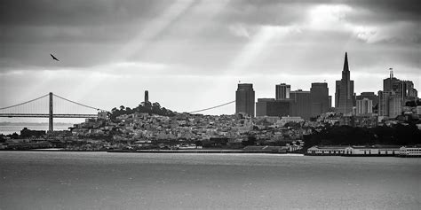 San Francisco Skyline and Oakland Bay Bridge Panorama - Black and White ...