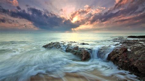 1920x1080 Beach Sea Dawn Dusk Landscape Ocean Rocks Sunlight Laptop ...