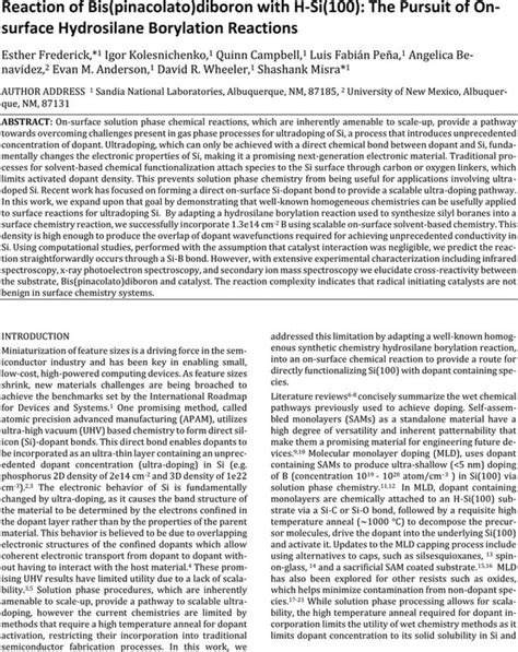 Reaction of Bis(pinacolato)diboron with H-Si(100): The Pursuit of On-surface Hydrosilane ...