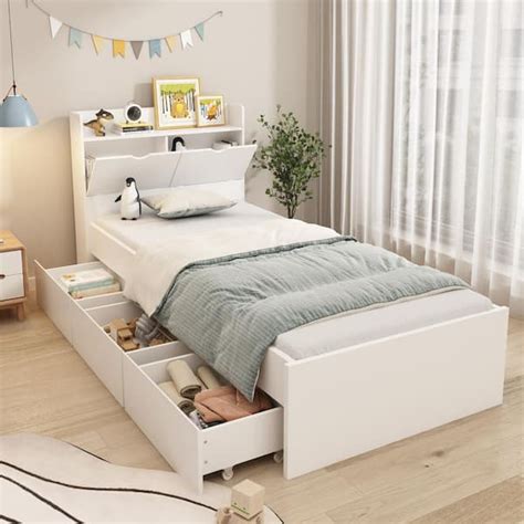 FUFU&GAGA White Wood Twin Size Bed Storage Bed with 3-Wheels Drawers ...