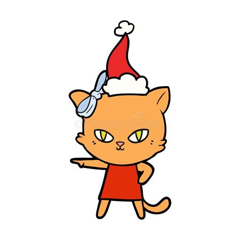 Cute Line Drawing of a Cat Wearing Dress Wearing Santa Hat Stock Vector ...