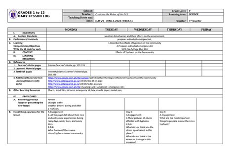 Grade 5 DLL Science 5 Q4 Week 5 - GRADES 1 to 12 DAILY LESSON LOG School: Grade Level: V Teacher ...