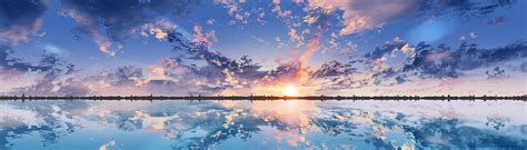 Anime scenic, clouds, sunset, reflection, dual monitor, Anime, HD wallpaper | Peakpx