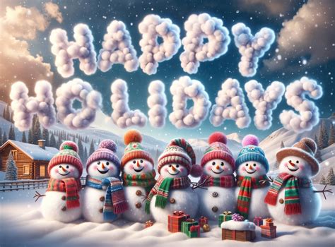 An illustration depicts a group of snowmen with a "Happy Holidays" message in the sky