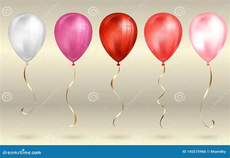 Set of 5 Shiny Red and Pink Realistic 3D Helium Balloons for Your Design. Glossy Balloons with ...