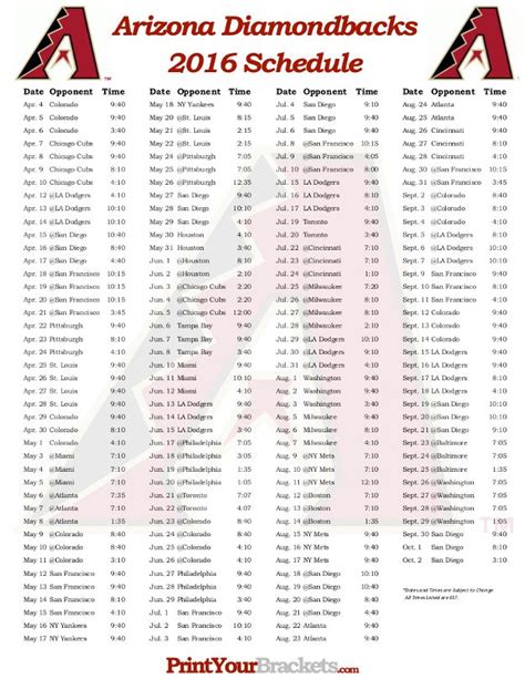 Arizona Diamondbacks Printable Schedule