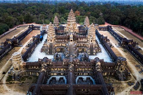 - Aerial view of Angkor Wat temple at sunset, Cambodia | Royalty Free Image