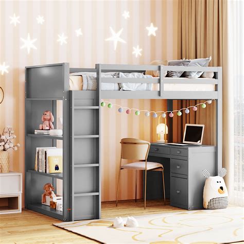 Bellemave Children's and Teenage Twin Loft Bed with Desk, Shelves, Storage, and Ladder (Gray ...