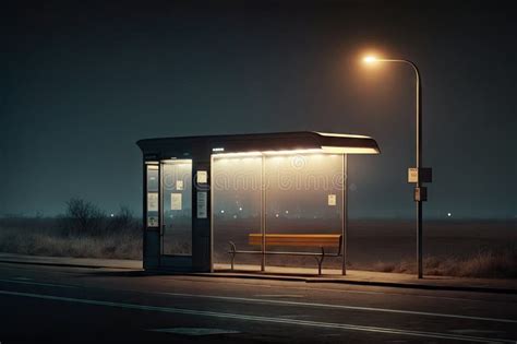 An Empty Bus Stop, with the Lights on and the Doors Open, at Night ...