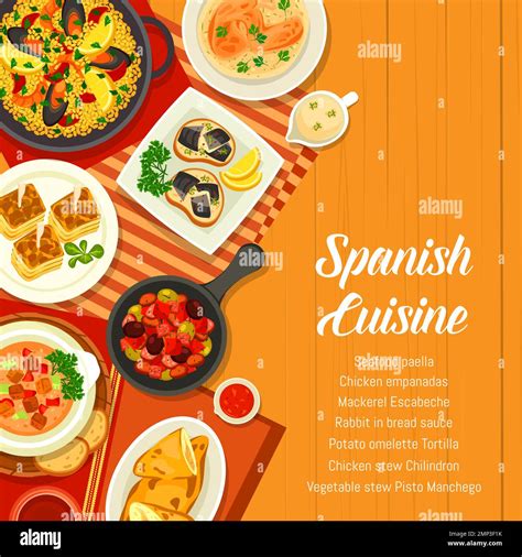Spanish cuisine menu cover, Spain food dishes and tapas meals, vector. Traditional Spanish ...