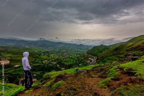 beautiful landscape view to Ibb City, Yemen. traveler standing on the ...