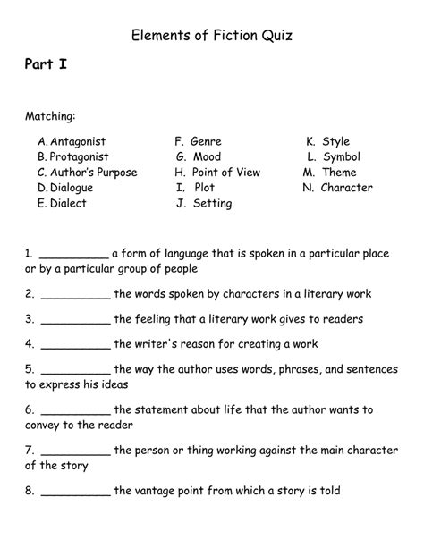 Elements Of Fiction Worksheet