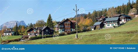 Panoramic View of the Alpine Village Grundlsee in the Autumn. View of ...