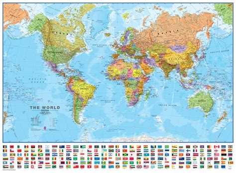 Political World Wall Map with flags