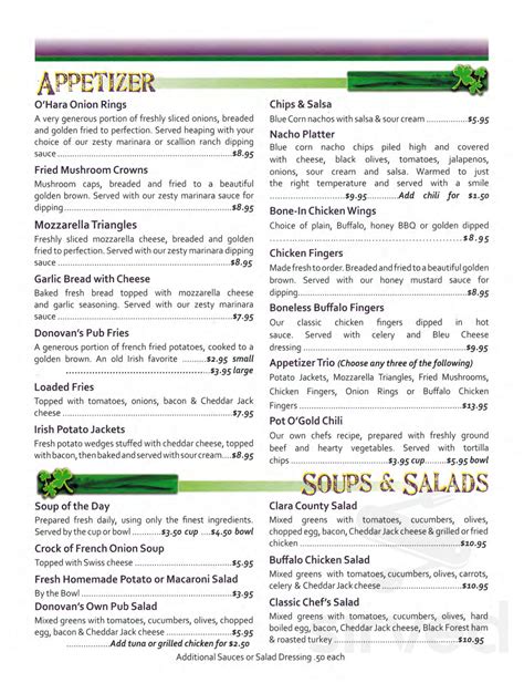 Donovan's Irish Pub menu in Springfield, Massachusetts, USA