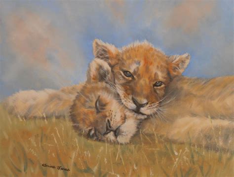 Sleepy Lion Cubs original oil painting by UK artist Elaine Jones