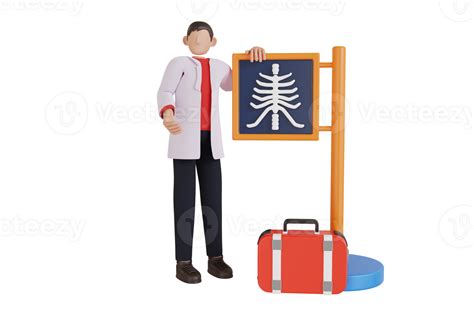 3d illustration of male doctor delivering a presentation and showing x-ray image. doctor showing ...