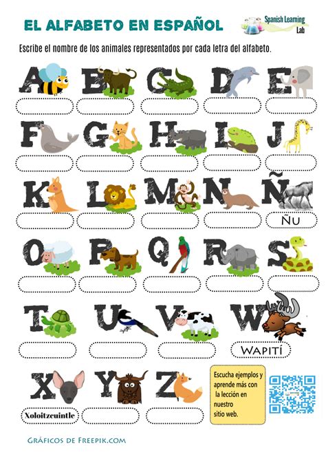 Alphabet in Spanish with Animals: PDF Worksheet - Spanish Learning Lab