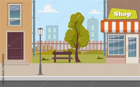 Vetor do Stock: Cute cartoon town street with a shop, tree, bench ...