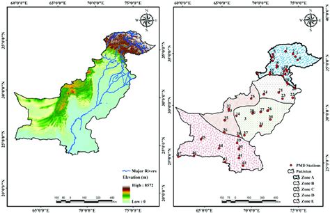 (a) Elevation and major rivers of Pakistan. (b) Five climate zones of ...