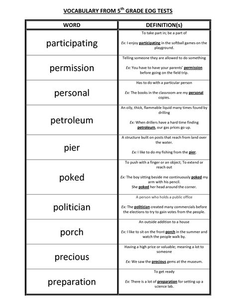 5th Grade Vocabulary Worksheets