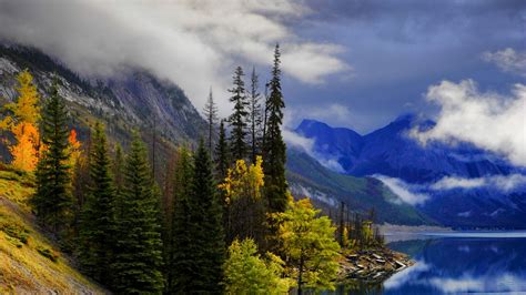 Download wallpaper 1366x768 landscape, lake, mountains, trees, slope ...