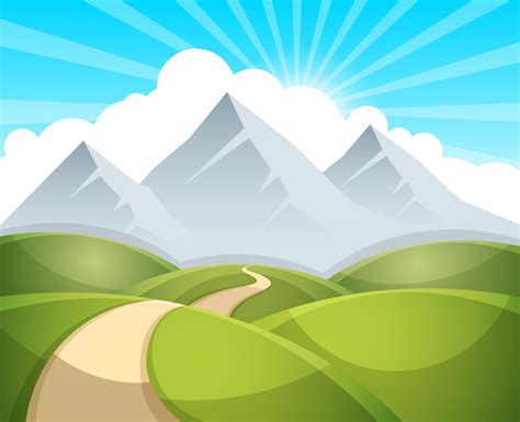 Cartoon landscape illustration. Sun. cloud, mountain 456735 Vector Art ...