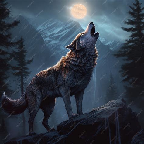 Wolf howling at night in mountain | Premium AI-generated image