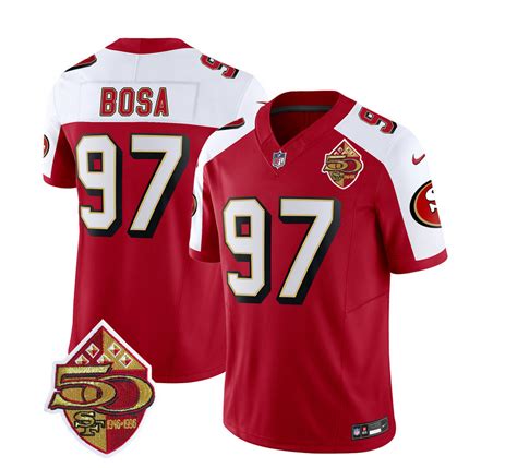 Men's San Francisco 49ers #97 Nick Bosa Red/White 2023 F.U.S.E. 50th Patch Throwback Stitched ...