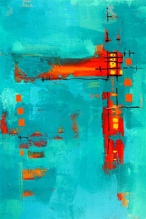 The orange color of rust emerges from a field of turquoise blue paint in this contemporary abstra...