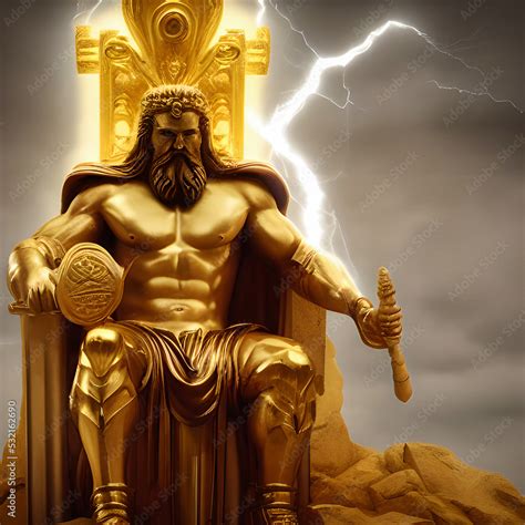 3d graphic illustration of golden greek god of thunder zeus ,king of gods sitting on throne ...