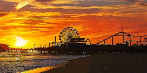 Fiery Sunset at Santa Monica Pier California Painting by Elaine Plesser ...