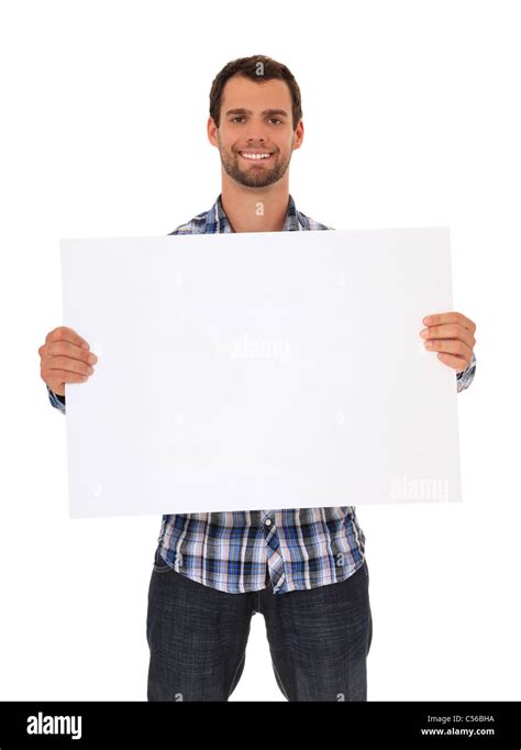 Young man holding blank sign. All on white background Stock Photo - Alamy