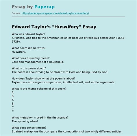 Edward Taylor's "Huswifery" Free Essay Example