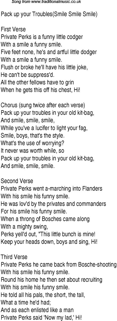 1940s Top Songs: lyrics for Pack Up Your Troubles Smile Smile Smile