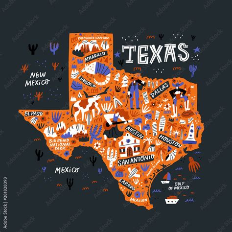 Texas orange map flat hand drawn vector illustration. Western american ...