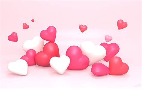 3d pink heart, 3d hearts background, Valentines Day, February 14th, white 3d hearts, HD ...