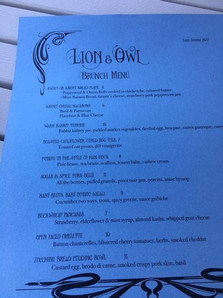 Menu at Lion and Owl pub & bar, Eugene