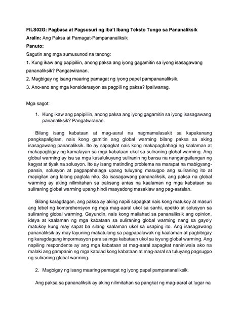 SOLUTION: Pagbasa at Pagsusuri ng Iba’t Ibang Teksto Tungo sa Pananaliksik - Ang Paksa at ...