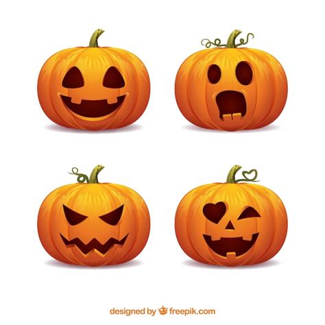 Pack de cuatro calabazas de halloween con divertidas caras | Vector Gratis