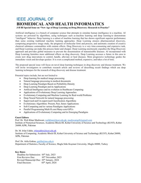 (PDF) IEEE JOURNAL OF BIOMEDICAL AND HEALTH INFORMATICS J-B HI Special Issue on "New Age of Deep ...