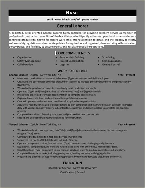 General Labor Job Resume Sample - Resume Example Gallery