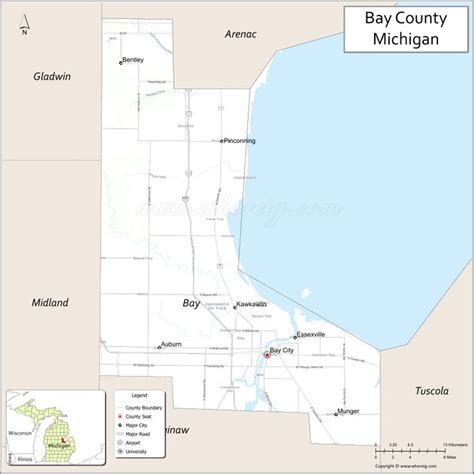 Map of Bay County, Michigan showing cities, highways & important places ...