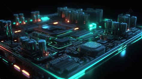 Hightech Electronic Motherboard In Green Neon Background, 3d Render Digital Technology For Neon ...