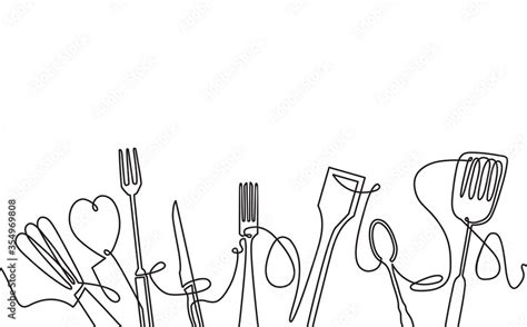 Vecteur Stock Cooking Seamless Pattern. Outline Cutlery Background. One Line Drawing of Isolated ...