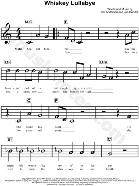 Brad Paisley "Whiskey Lullaby" Sheet Music for Beginners in C Major ...