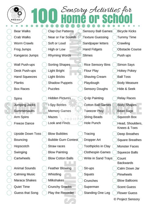 Awesome free printable of 100 sensory activities to do at home or school. Most of the items on ...