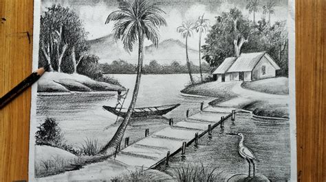 how to draw easy pencil sketch scenery ,landscape pahar and river side scenery drawing, - YouTube