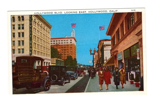 CALIFORNIA 1920's postcard HOLLYWOOD BLVD looking east old cars trucks ...