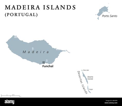 Madeira Islands political map with capital Funchal. Portuguese archipelago in the North Atlantic ...